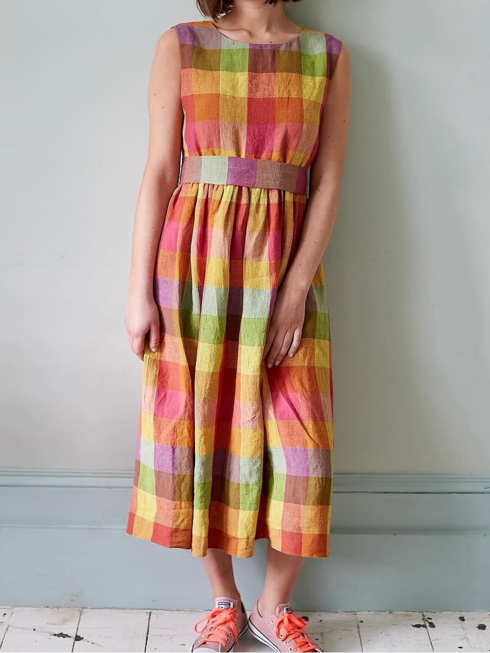 Justine Tabak England Rainbow Check Linen Wrap Canonbury Sun Dress Small S